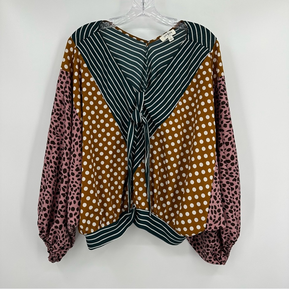 Umgee Mixed Print Polka Dot & Striped Blouse in Mustard, Pink & Dark Green